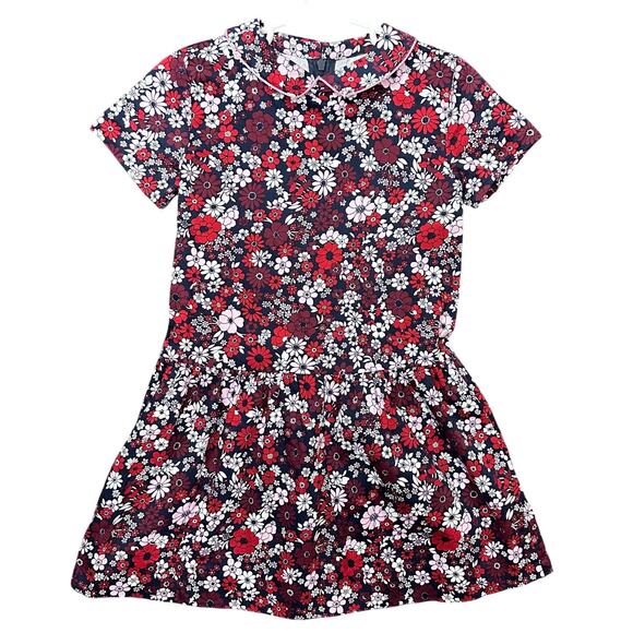 Brooks Brothers Kids Girl Floral Dress Size 5 Short Sleeve Back Zip Red Navy - Picture 1 of 7